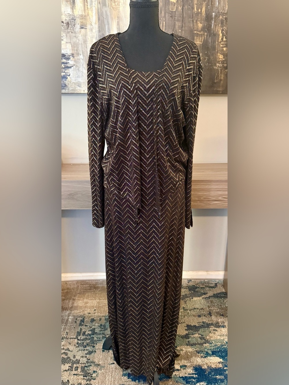 Vtg Jeffrey & Dara Evenings Dress Set 2pc Metallic Gold Chevron Maxi Whimsigoth